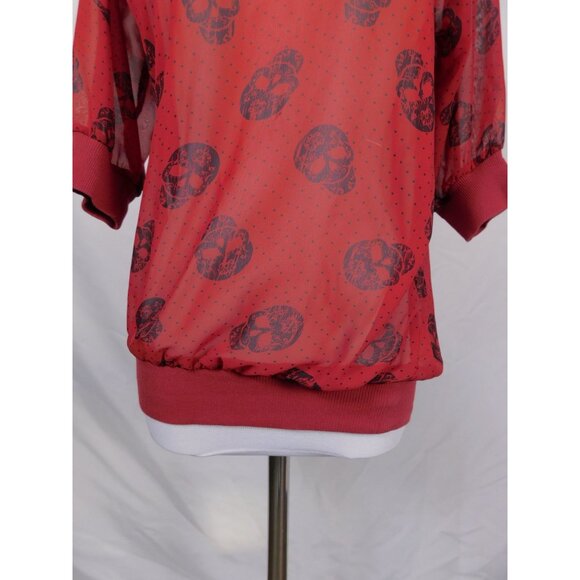 Red Semi-Sheer Skull Print Blouse Womens S Back Zipper & 3/4 Sleeves - Picture 8 of 12